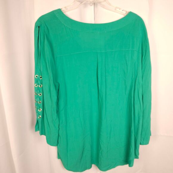 Chico's Sz 2 Womens 12 Green V-Neck Slit Sleeve Viscose Blouse Shirt - Picture 4 of 9